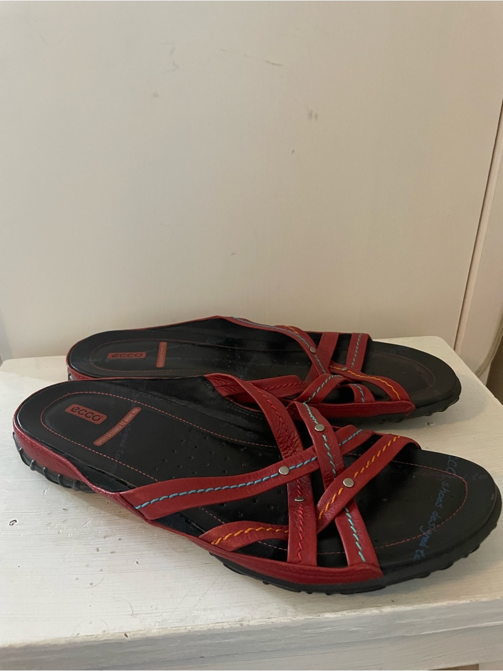 Ecco Red and Black Cross-Strap Slide Sandals